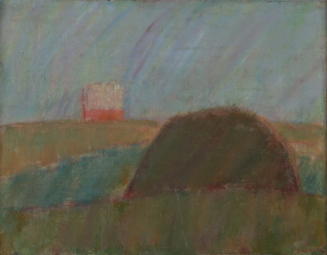 SVEN DEURELL. Oljemålning på duk, uppfodrad på pannå. Landskap med rött hus. Signerad. — Paintings — Skånes Auktionsverk