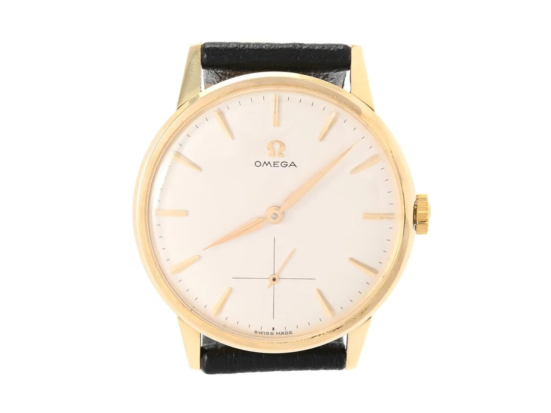 OMEGA, herrur, 34 mm, Cal 268, Serie nr. 18384858, Ref nr. BD 14715, Boett nr. 14715 4, 14K guld, manuell, plexiglas, liten sekundvisare, läderband, ca 1961, box (Bofors). — Klockor/Omega — Kaplans