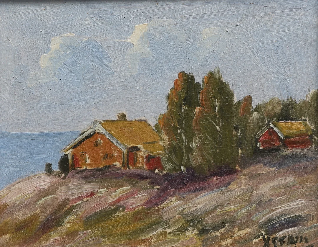 ÅKE WICKSTRÖM. /Oidentifierad konstnär. Olja på pannå, vändbart konstverk, Fiskare/Kustlandskap, signerade, 1900-tal. — Paintings — Ekenbergs Auktioner