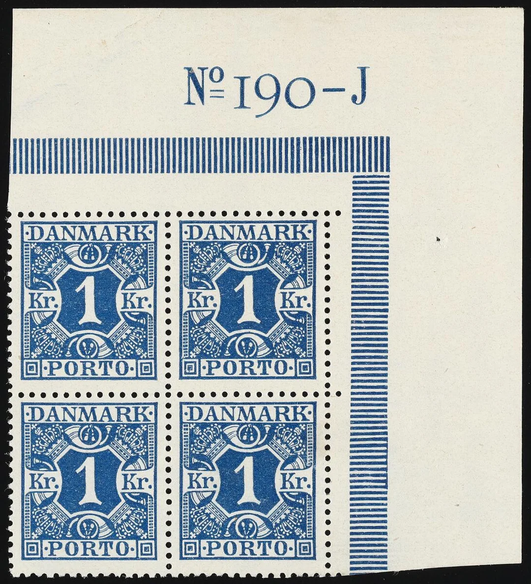 Postage Due. 1 Kr. blue. Never hinged/mint block of 4 with plate number 190-J. 3 stamps never hinged. AFA 10000 — Stamps, Covers & Postal History/Denmark/Porto — Bruun Rasmussen