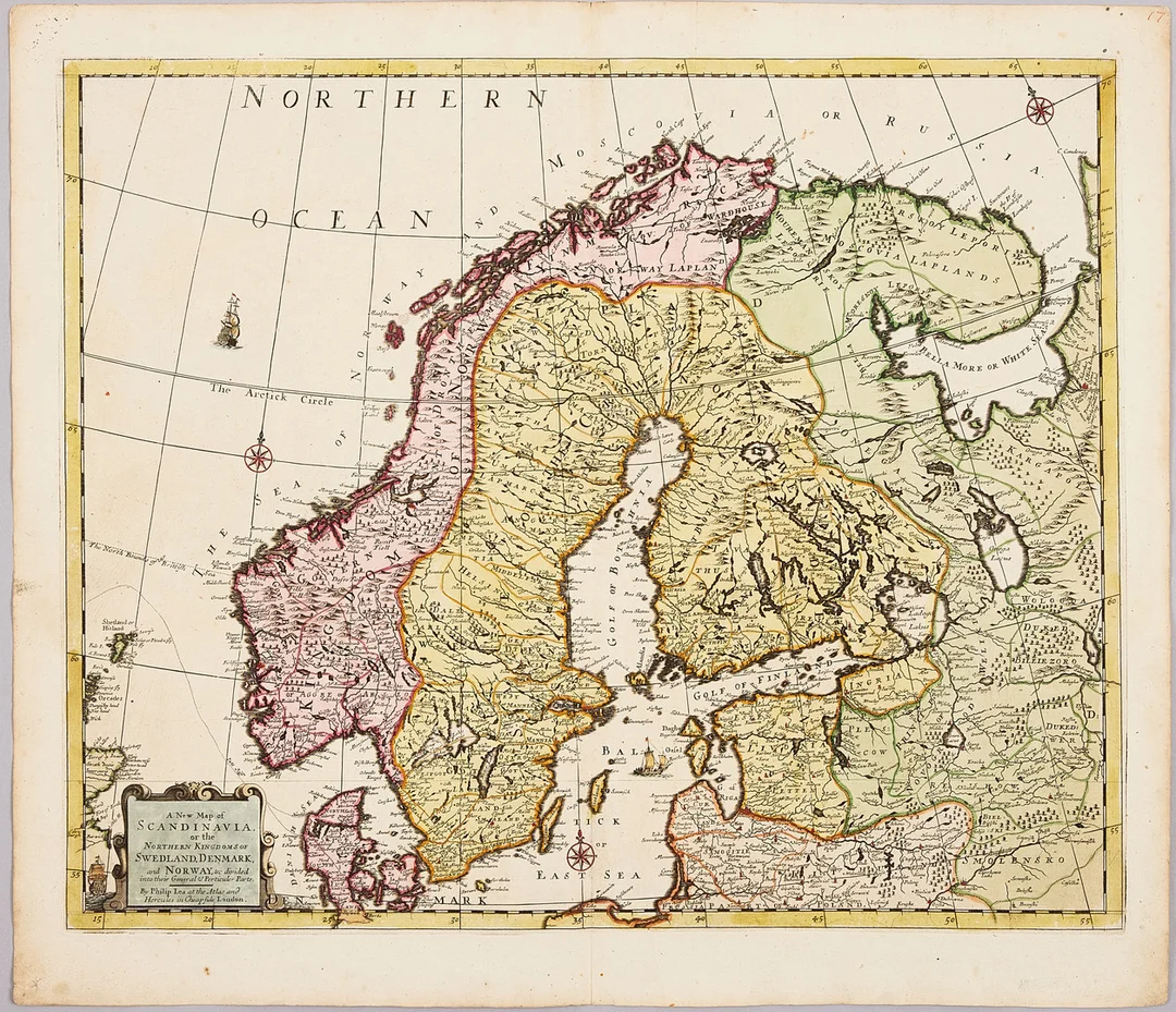 OVANLIG KARTA ÖVER SKANDINAVIEN och BALTIKUM AV PHILIP LEA, ca 1700. — Maps — Stockholms Auktionsverk Magasin 5
