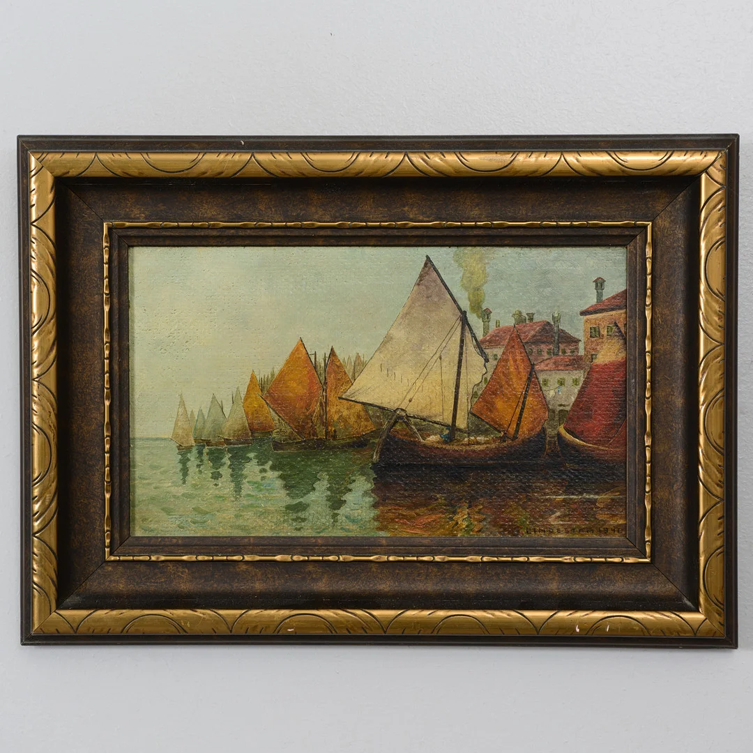 OIDENTIFIERAD KONSTNÄR. Hamnmotiv, olja på pannå, signerad "Lindestam" samt daterad 1940. — Paintings — Formstad Auktioner