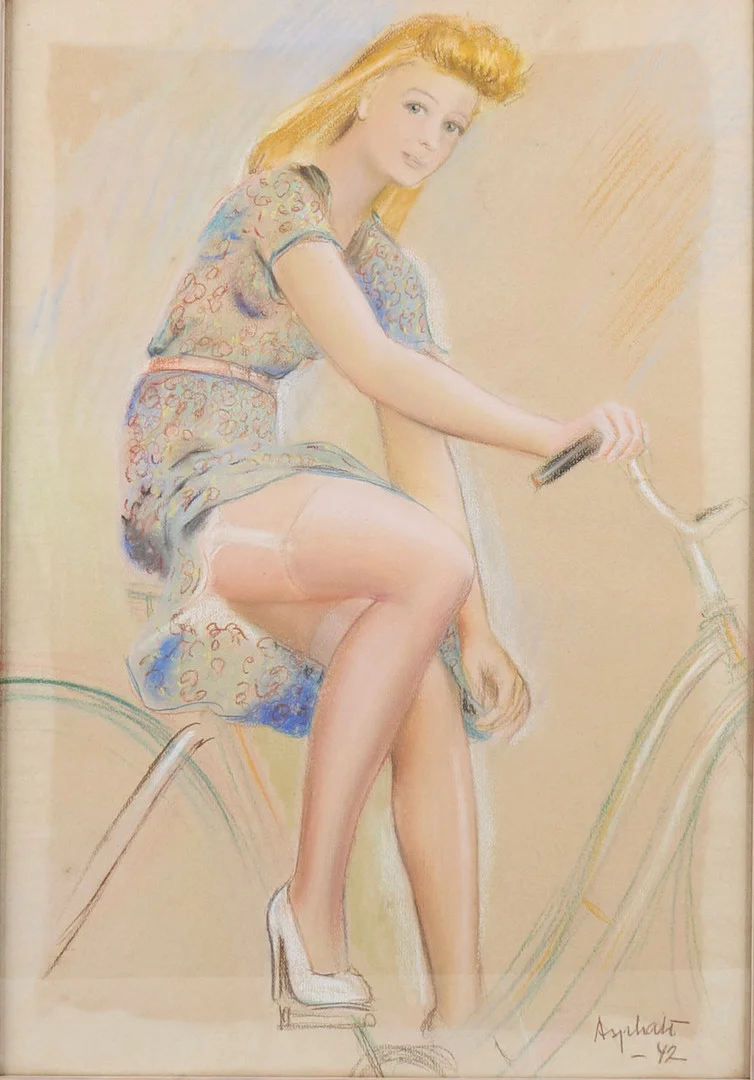 OIDENTIFIERAD KONSTNÄR. Blandteknik, Signerad -42, Kvinna på cyckel. — Paintings — Metropol Auktioner