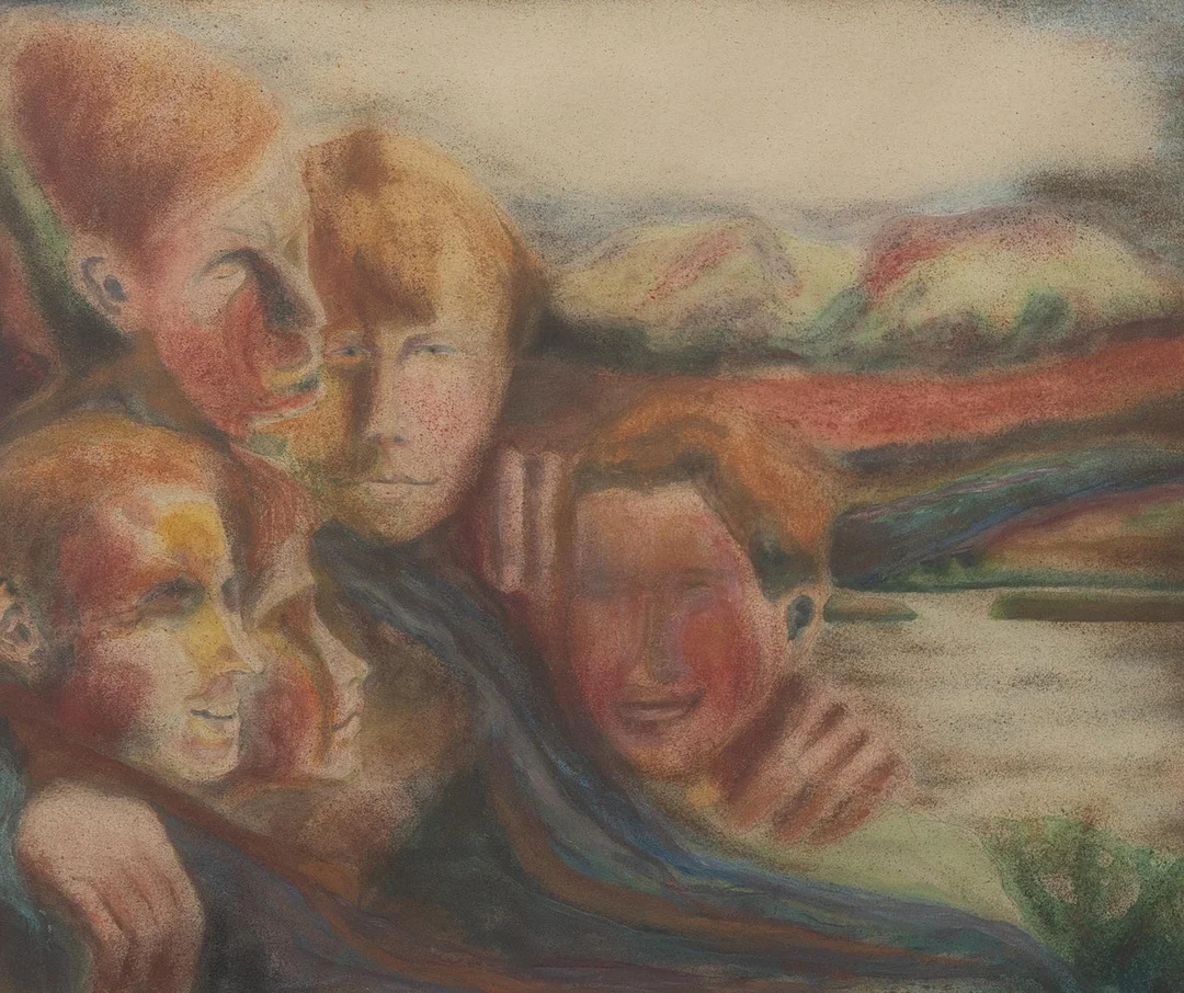 OKÄND KONSTNÄR. Familjen, blandteknik, osignerad. — Paintings — Garpenhus Auktioner