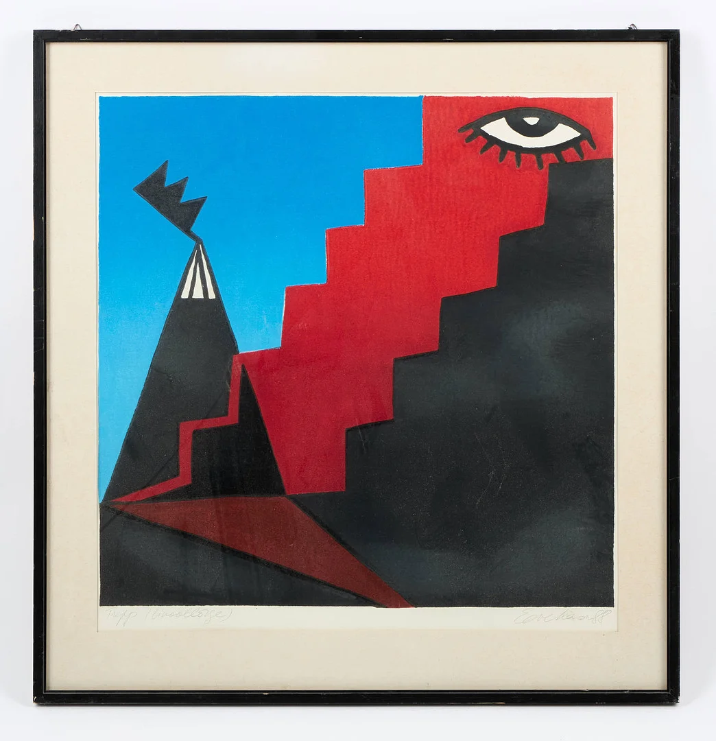 EVE KASK (1958). "Trepp", ur serien Mütoloogiline ruum (1987-1992) signerad samt daterad -88, linoleumsnitt. — Engravings & Prints — Stockholms Auktionsverk Helsinki