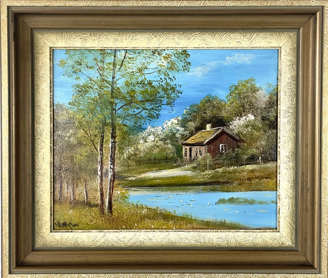 KARL WITTGREN. Stuga vid sjö, olja på pannå, signerad. — Paintings — Roslagens Auktionsverk