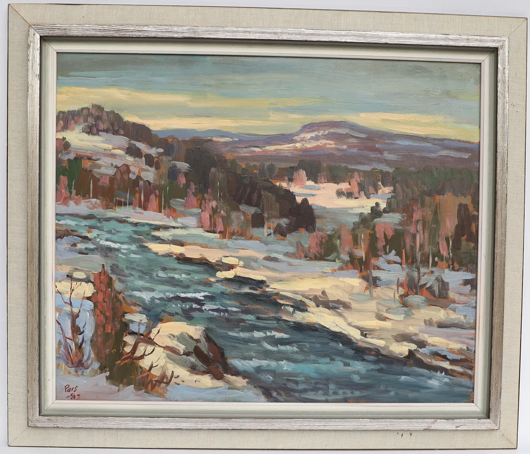 FOLKE PARS. Vinterlandskap med vattendrag, oljemålning på pannå, signerad och daterad 56. — Paintings — Falun Auktionsbyrå