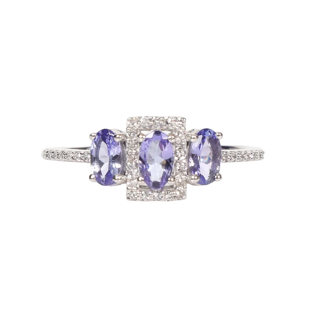 CERTIFICATED TANZANITE AND DIAMOND TRILOGY RING. — Rings — Bishop & Miller