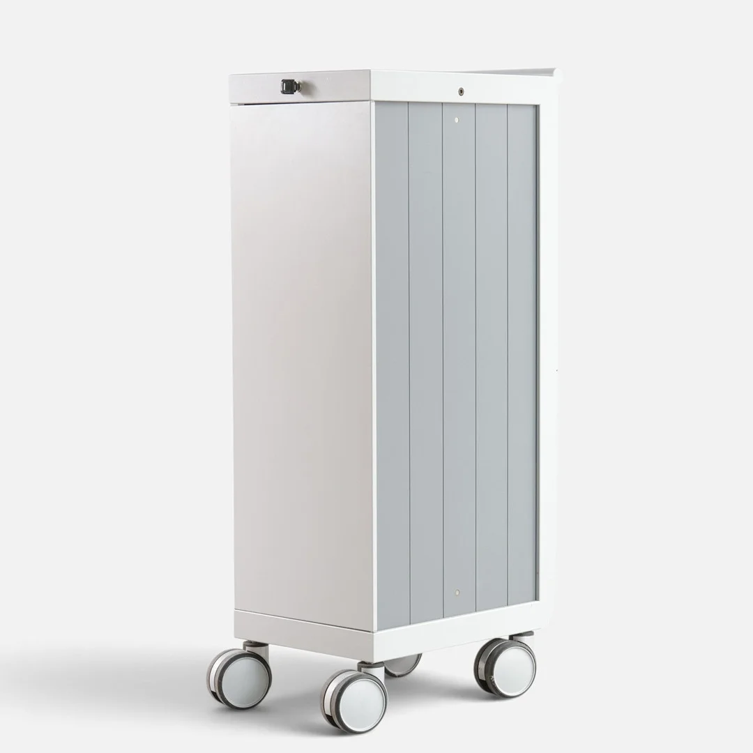 D3 BY DENZ. Mobilt kontormøbel af lakeret metal, front med låge bag hvilke skuffe og hylder, bagside med holdere. Udført og mærket hos D3 By Denz. — Cupboards, Cabinets & Shelves — Woxholt Auktionshus
