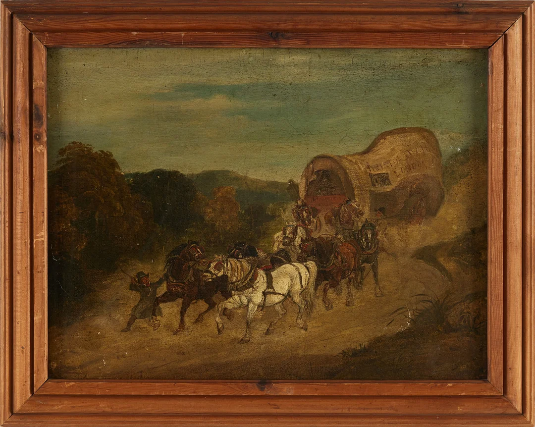 OIDENTIFIERAD KONSTNÄR. Hästar med diligens, märkt Bristol - London, olja på duk uppfordrad på pannå, troligen England, 1800-tal. — Paintings — Stockholms Auktionsverk Magasin 5