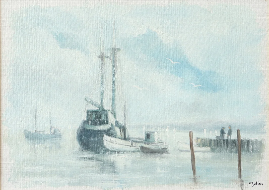 CARL JULIUS. Hamn med båtar, olja på duk, signerad C. Julius. — Paintings — Helsingborgs Auktionskammare
