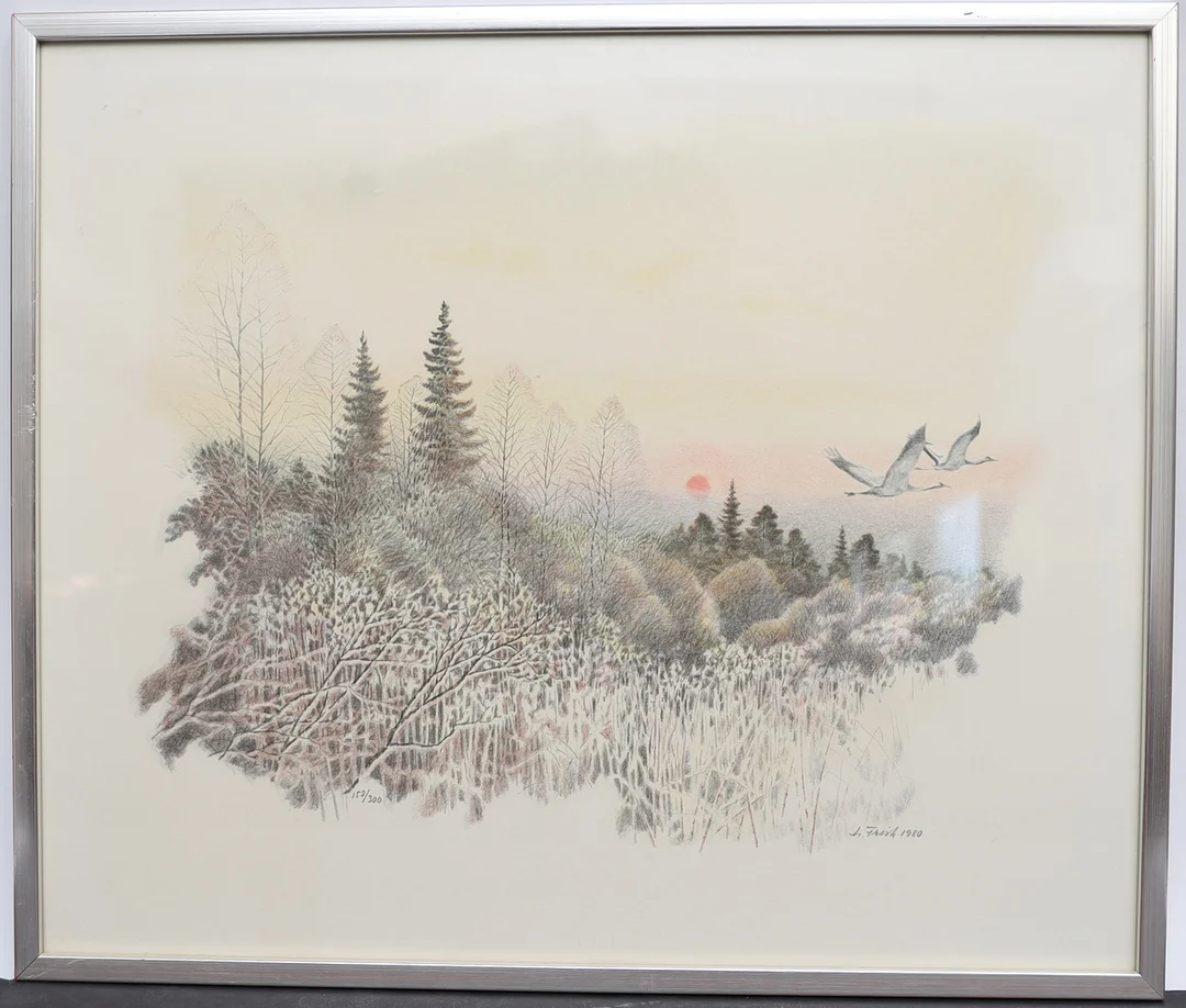 LENNART FRISK. Naturmotiv med fåglar, färglitografi, signerad och numrerad, daterad 1980. — Engravings & Prints — Falun Auktionsbyrå