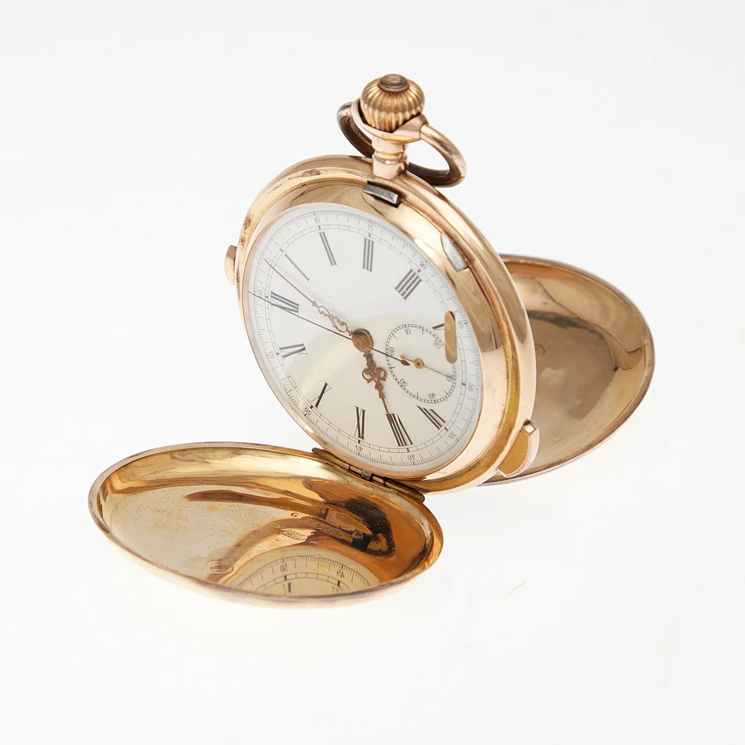 Savonette-Taschenuhr, 585er Gold, 'HEURES' Repetition, Quarts, Chronograph, Geneve 1896. — Pocket & Stop Watches — Stockholms Auktionsverk Köln