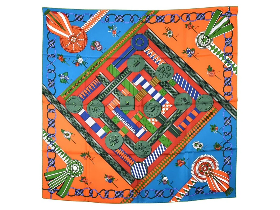HERMÈS, SCARF, Flots, Fleurs Et Frontaux, Virginie Jamin, 100% siden, 90x90 cm, multifärgad, grön, orange, blå, vit, originalask. Excellent Condition. — Accessoarer/Scarves — Kaplans