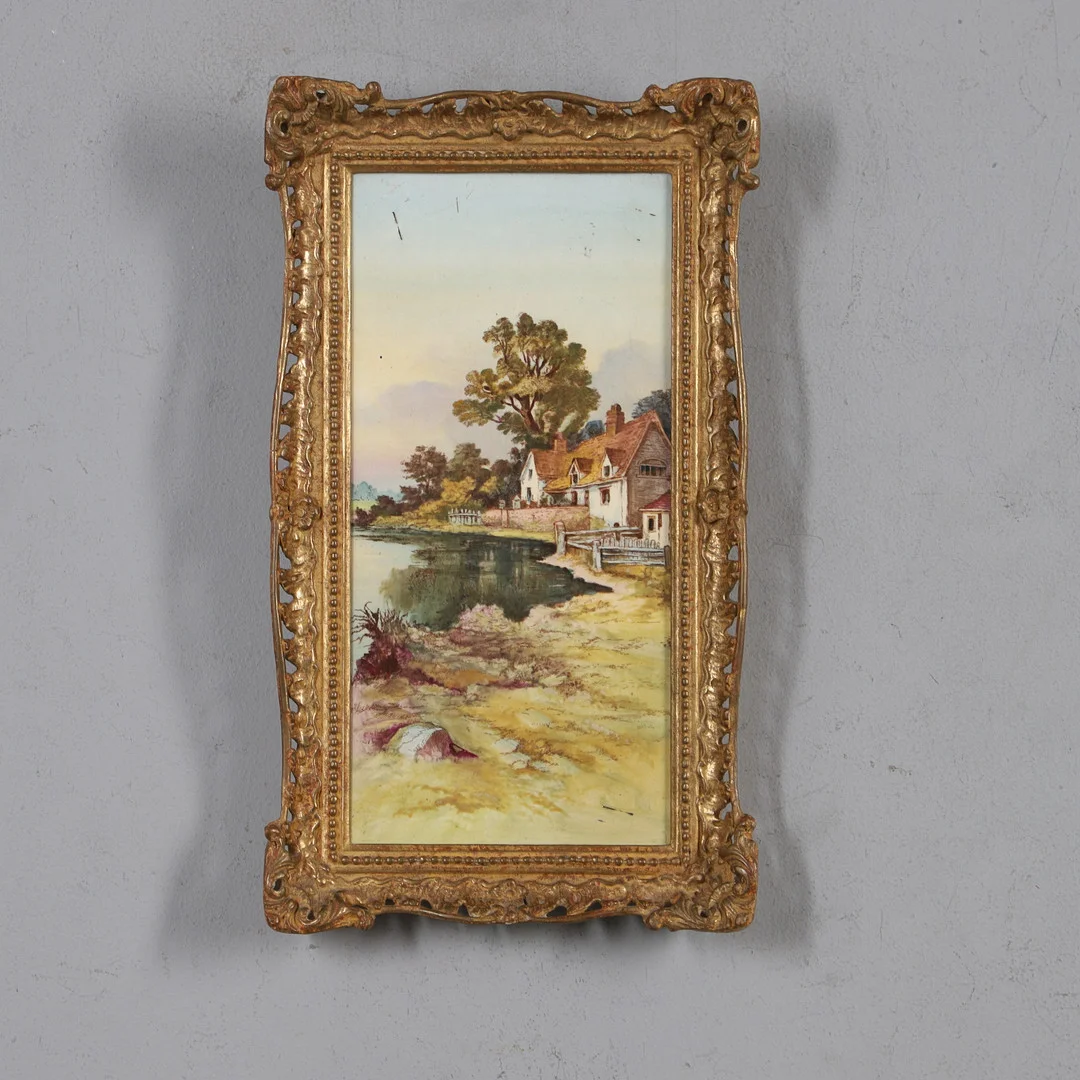A 20TH CENTURY PAINTED PORCELAIN PLAQUE OF A MILL HOUSE AND SLUICE GATE BESIDE A LAKE. — Paintings — Lawrences Auctioneers