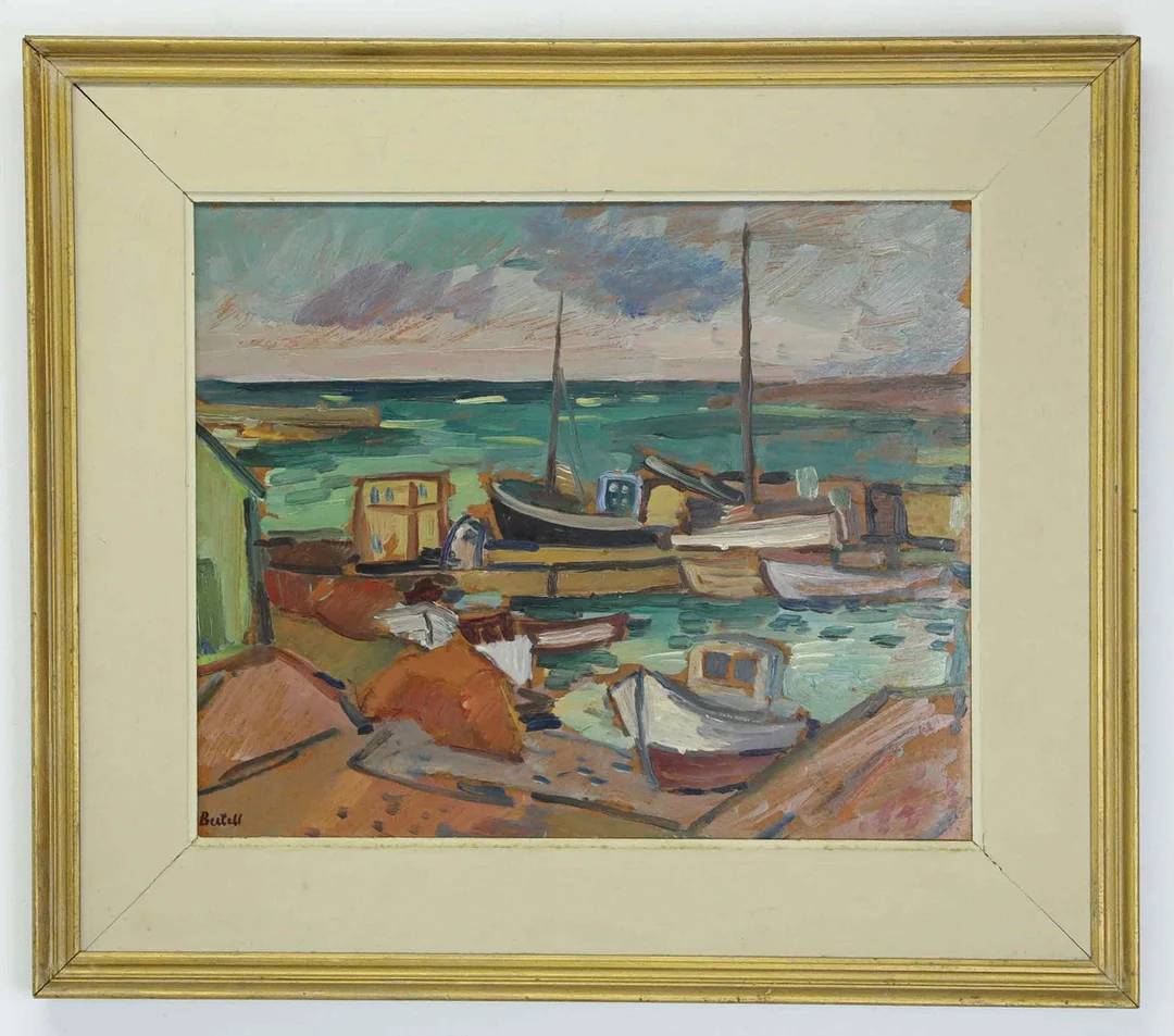 BERTIL BERTELL. Olja på pannå, "Hamnen i Torekov" signerad och daterad 1956. — Paintings — Hälsinglands Auktionsverk