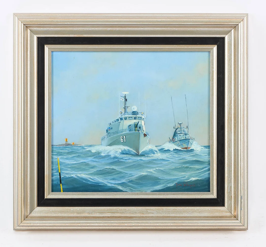 JARMO SILLANPÄÄ. SKEPPSPORTRÄTT, "Turku", signerad, olja på pannå. — Paintings — Stockholms Auktionsverk Helsinki