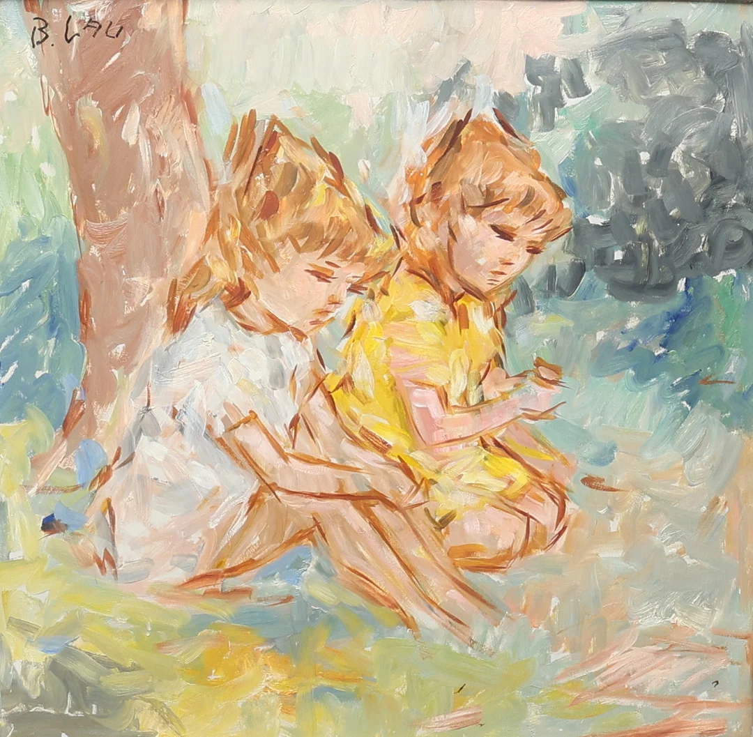 BENDT LAURITZEN. Olja på papper, lekande barn, signerad. — Paintings — Gomér & Andersson Jönköping