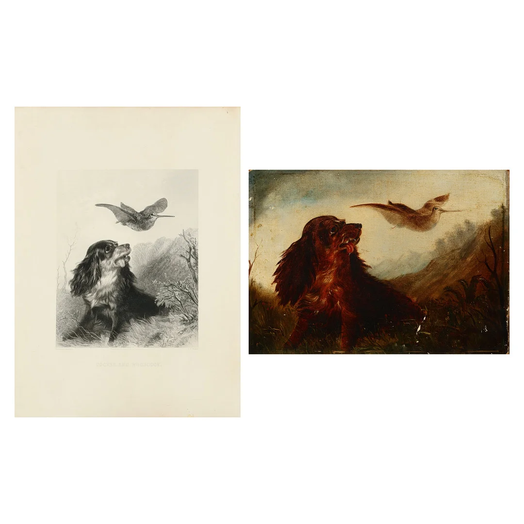 RICHARD ANSDELL (1815-85). EFTER. Jagtmotiv, litografisk tryk med 'Cocker and Woodcock' i antik sølvramme. Samme motiv i mindre størrelse medfølger, olie på lærred, midten af 1800 tallet (2). — Engravings & Prints — Palsgaard Kunstauktioner