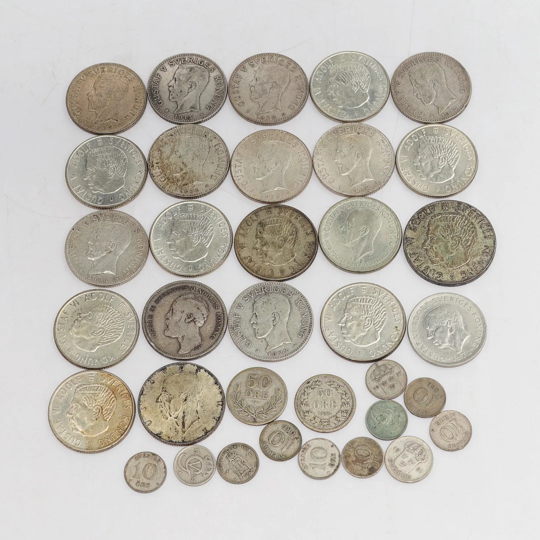 MYNT, Silver (40-80 %), Sverige, 18/1900-tal, totalvikt ca 344,2g. — Coins & Banknotes — Gomér & Andersson Norrköping