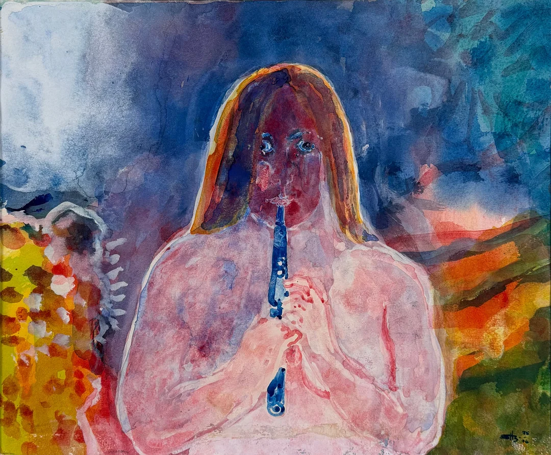 SVEN H JOHANSSON (1936-1991). "Flickan med den blå flöjten", goauche, signerad och daterad -75-76. — Paintings — Skandia Auktion