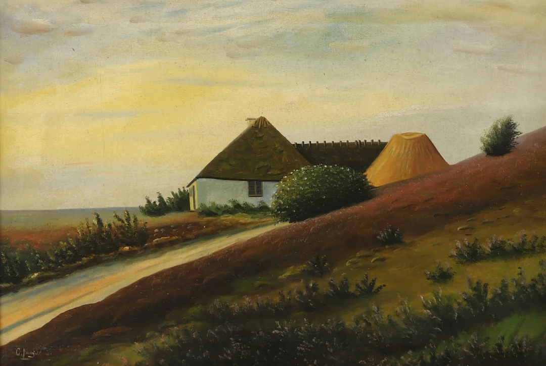 OIDENTIFIERAD KONSTNÄR. Landskap med hus, olja på duk, otydligt signerad , 1800/1900-tal. — Paintings — Helsingborgs Auktionskammare