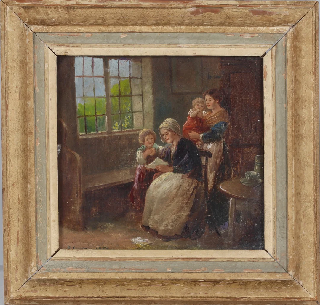 OIDENTIFIERAD KONSTNÄR. Familjescen, olja på duk, signerad och daterad 1855. — Paintings — Stadsauktion Sundsvall