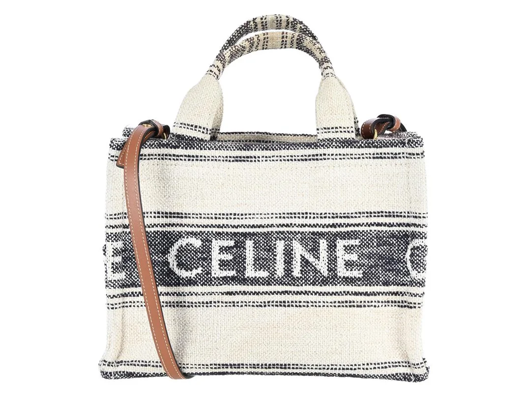 CELINE, VÄSKA, Cabas Tote Bag, vit, grå, brun canvas, brunt läder, guldfärgade beslag, 25x18x12 cm, avtagbar axelrem, dustbag. Good Condition. — Accessoarer/Väskor — Kaplans