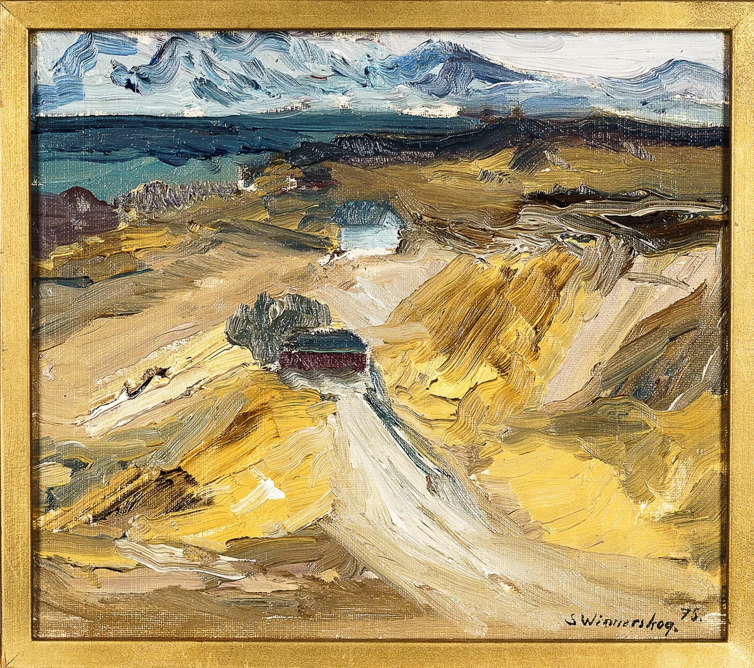 STIG WINNERSKOG. olja på pannå, "Nordnorge", Signerad och daterad 1975. — Paintings — Norrlands Auktionsverk