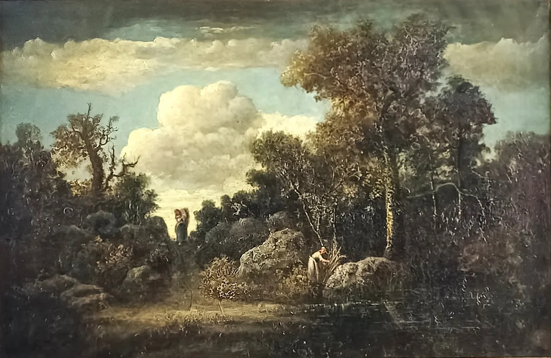 HERSON, ÉMILE ANTOINE FRANÇOIS UND DIAZ DE LA PEÑA, NARCISSE VIRGILE. Baumbestandenes Teichufer mit Reisigsammlerinnen, Öl auf Leinwand. — Paintings — Auktionshaus Blank