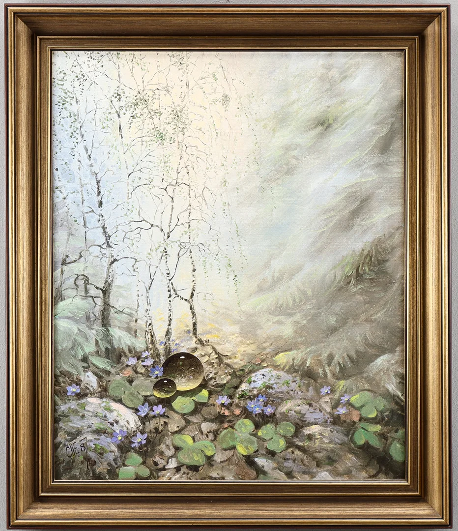 OLLE "DROPPEN" ERIKSSON. "Ljusnande tid" 1987. — Paintings — Karlstad Hammarö Auktionsverk