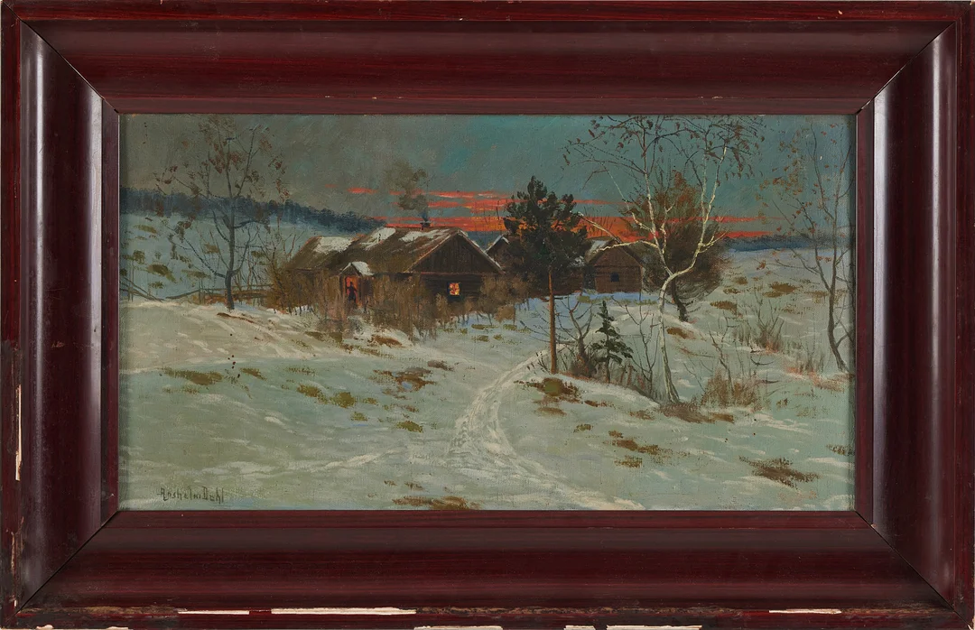 ANSHELM DAHL (1897-1954) Vinterlandskap med solnedgång, oljemålning på duk, signerad. — Paintings — Stockholms Auktionsverk Magasin 5
