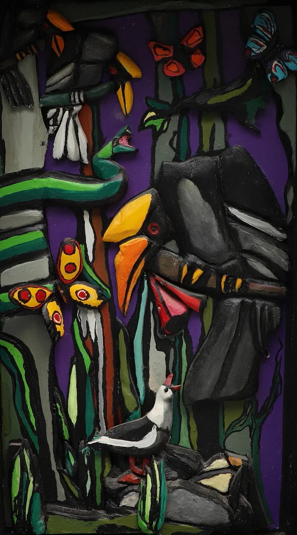 LARS-GUNNAR HULT. Tredimensionellt konstverk, färgstarka djur, bemålat trä, 1900-/2000-tal. — Paintings — Ekenbergs Auktioner