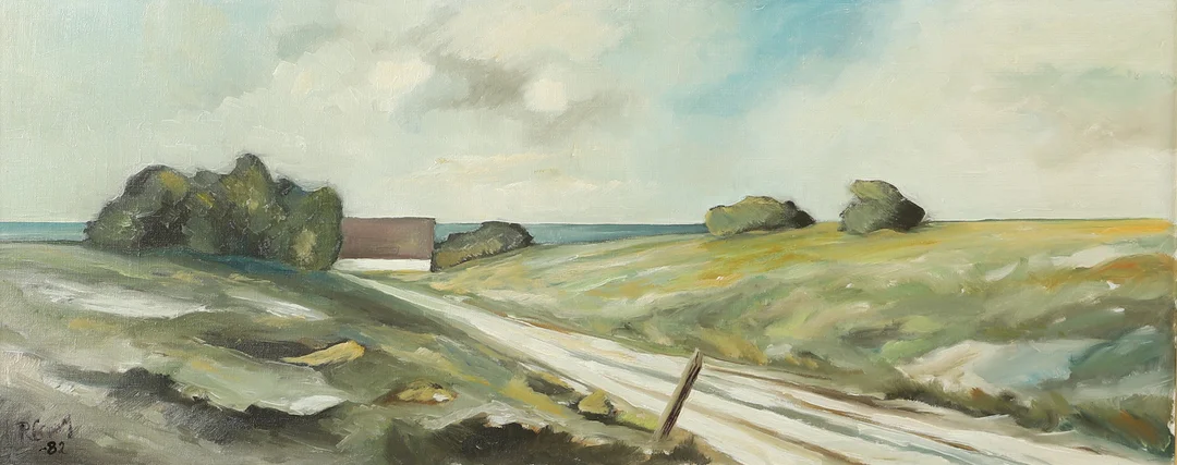 OIDENTIFIERAD KONSTNÄR. Kustlandskap med gård, olja på duk, otydligt signerad. — Paintings — Helsingborgs Auktionskammare