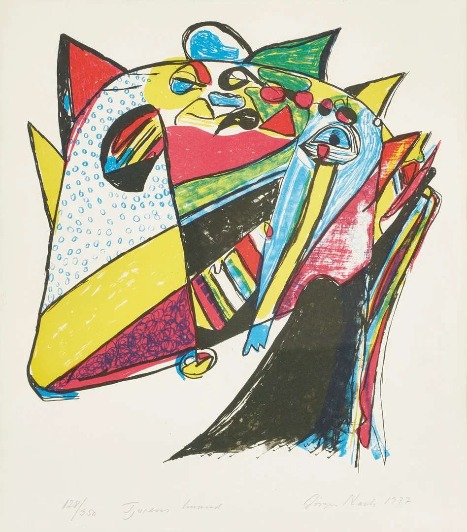 JÖRGEN NASH (DANMARK, 1920–2004). Figurkomposition, signerad och daterad 1977, numrerad 128/350, färglitografi. — Engravings & Prints — Crafoord Auktioner Stockholm