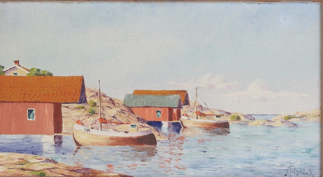 OIDENTIFIERAD KONSTNÄR, olja på pannå, "Fiskebäckskil", signerad j Holmbäck. — Paintings — RA Auktionsverket Norrköping
