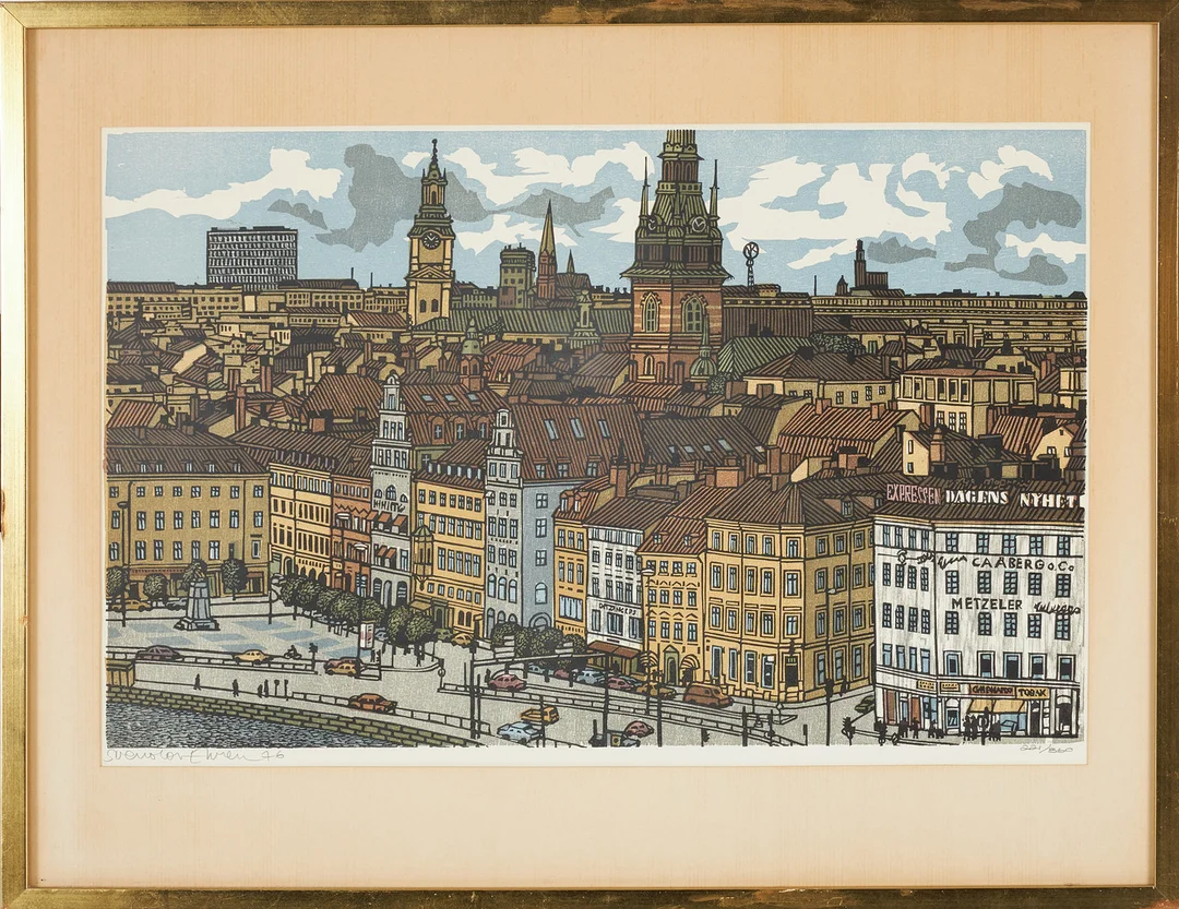 SVENOLOV EHRÉN. Gamla stan, träsnitt, signerad, daterad 76 och numrerad 221/360. — Engravings & Prints — Stockholms Auktionsverk Sickla
