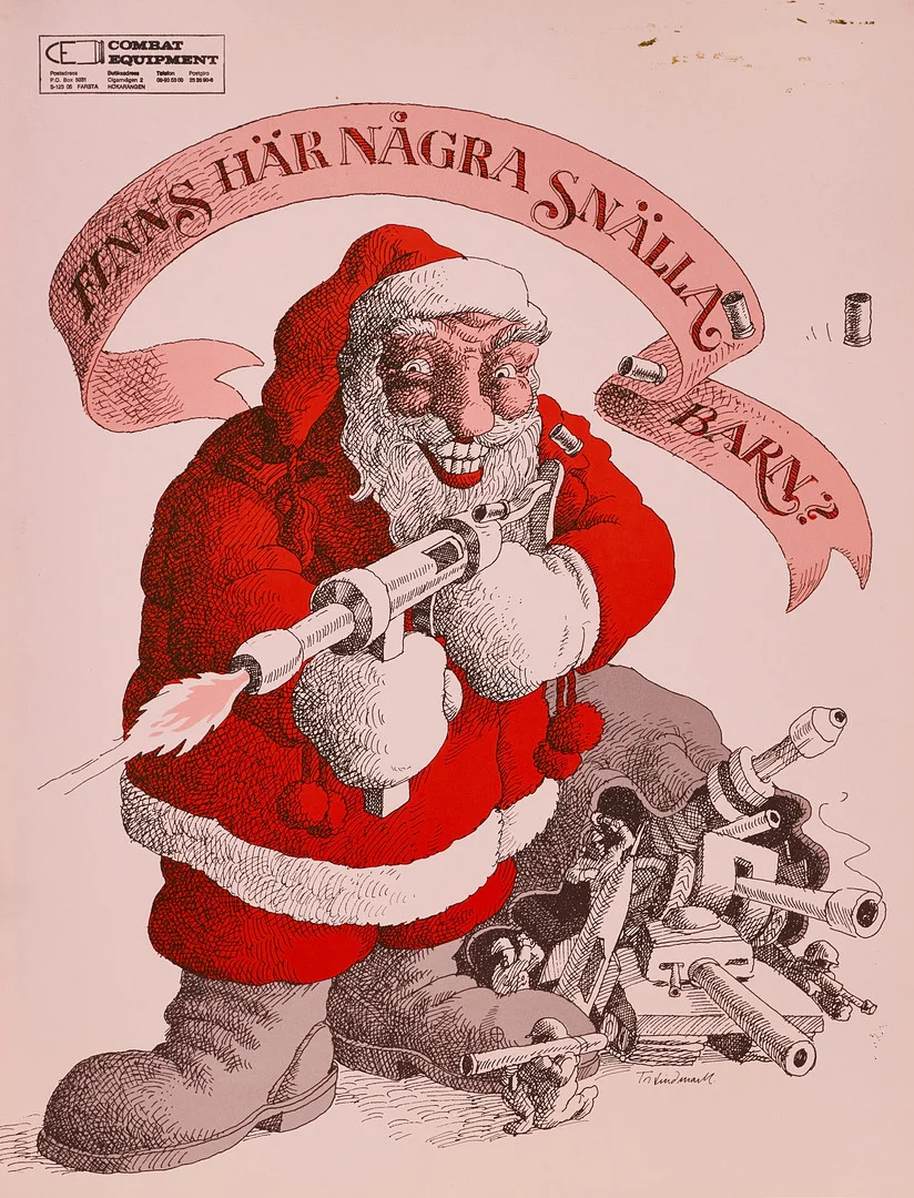 TN LINDMARK. Affisch, "Finns här några snälla barn?", Combat Equipment. — Engravings & Prints — Crafoord Auktioner Stockholm