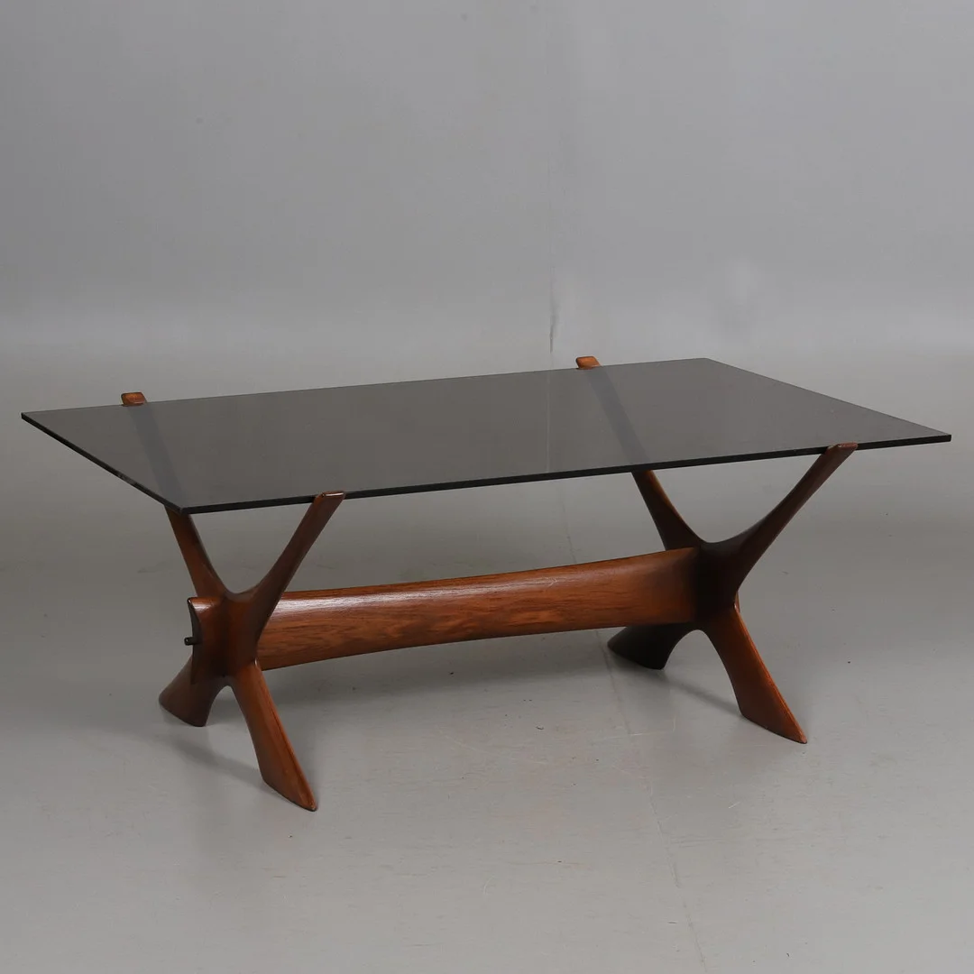 FREDRIK SCHRIEVER-ABELN, Soffbord, rökfärgad glasskiva och teak, 1960-tal. — Coffee Tables — Örebro Stadsauktioner
