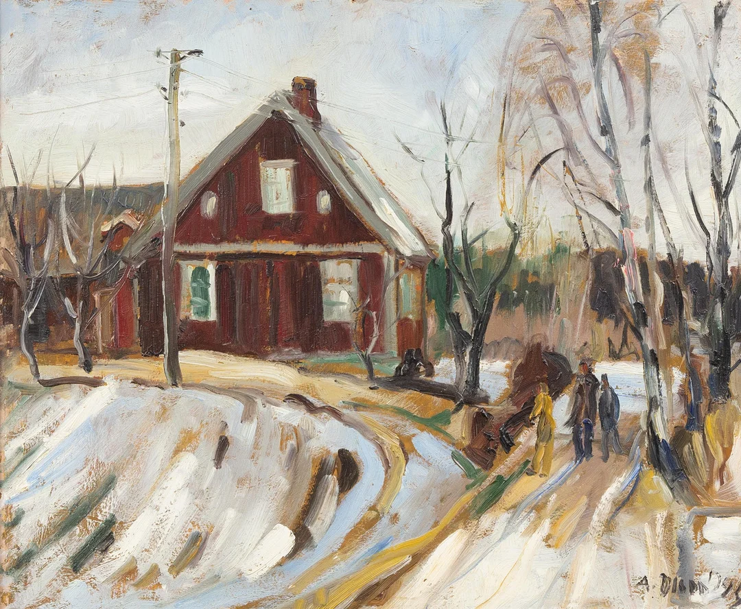 ANDERS OLSON (1880-1955). Gård i vinterlandskap, olja på pannå, signerad och daterad -42. — Paintings — Garpenhus Auktioner