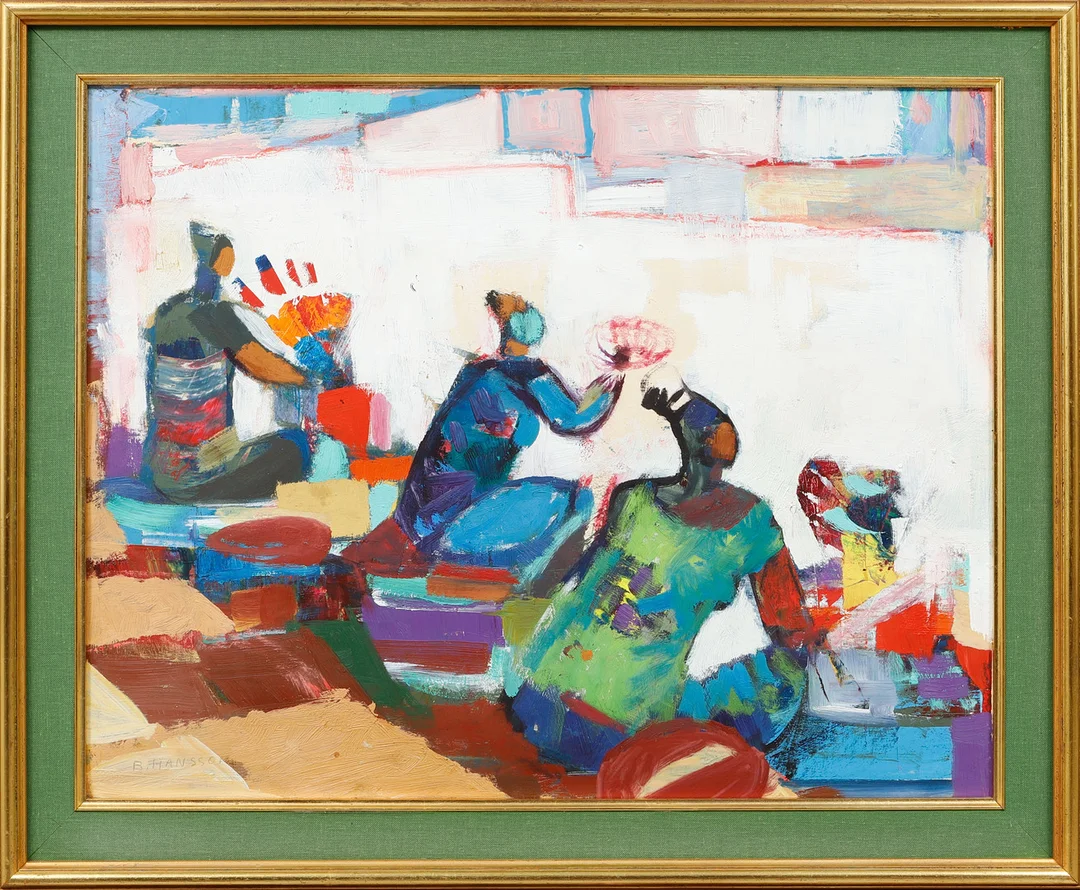 BRITA HANSSON. Figurscen, olja på pannå, signerad. — Paintings — Göteborgs Auktionsverk