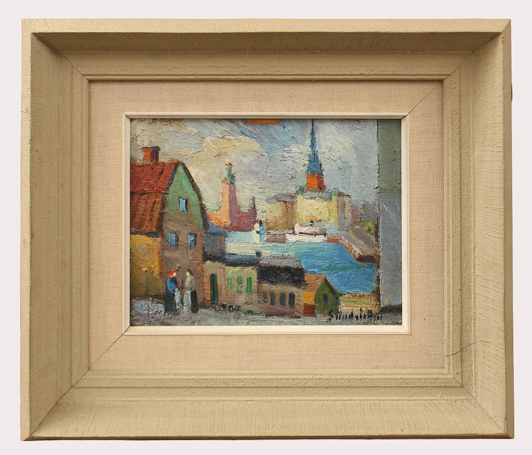 KARL SUNDSTRÖM. olja på pannå, Stockholm, Stadshuset Gamla stan, och vatten. signerad, 1900-tal. — Paintings — Limhamns Auktionsbyrå