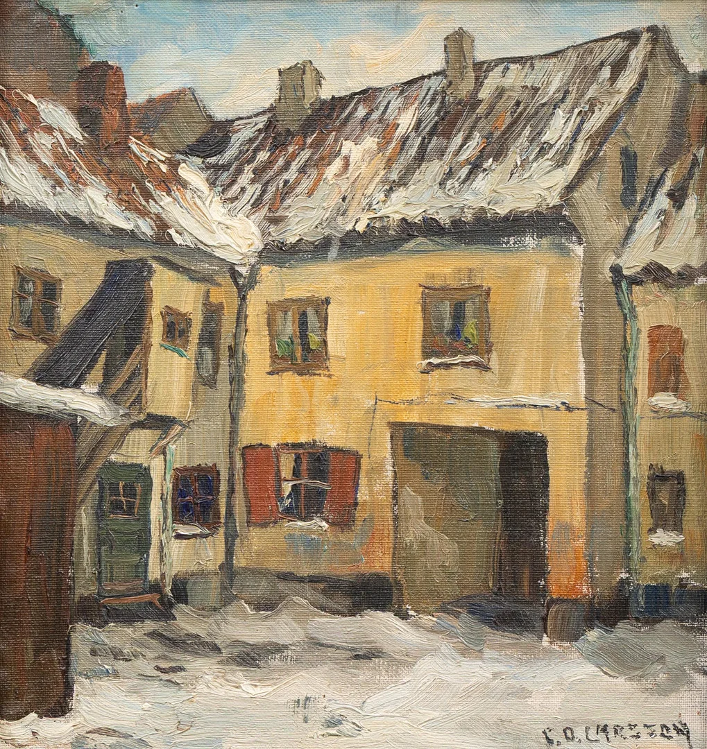 CARL OSCAR LARSSON. Innergård, olja på pannå, signerad. — Paintings — Garpenhus Auktioner