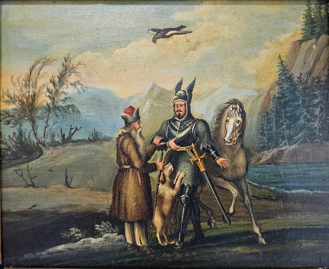OKÄND KONSTNÄR. Män, häst och hund. Olja på pannå, 1800-tal, osignerad. — Paintings — Auktionshuset Thörner & Ek