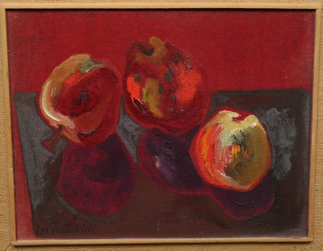 OIDENTIFIERAD KONSTNÄR. olja på pannå, stilleben med äpplen, otydligt signerad. — Paintings — Gomér & Andersson Linköping