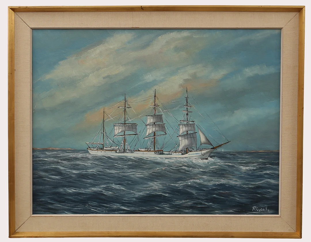 OIDENTIFIERAD KONSTNÄR. Olja på duk, motiv med fyrmastade barken av stål, Abraham Rydberg, signerad. — Paintings — Limhamns Auktionsbyrå