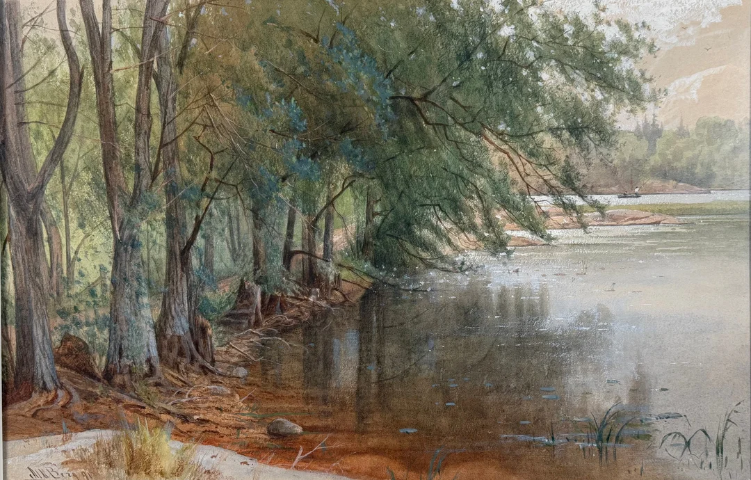 ALBERT BERG (1832-1916). Insjölandskap, akvarell, signerad och daterad 91. — Paintings — Skandia Auktion
