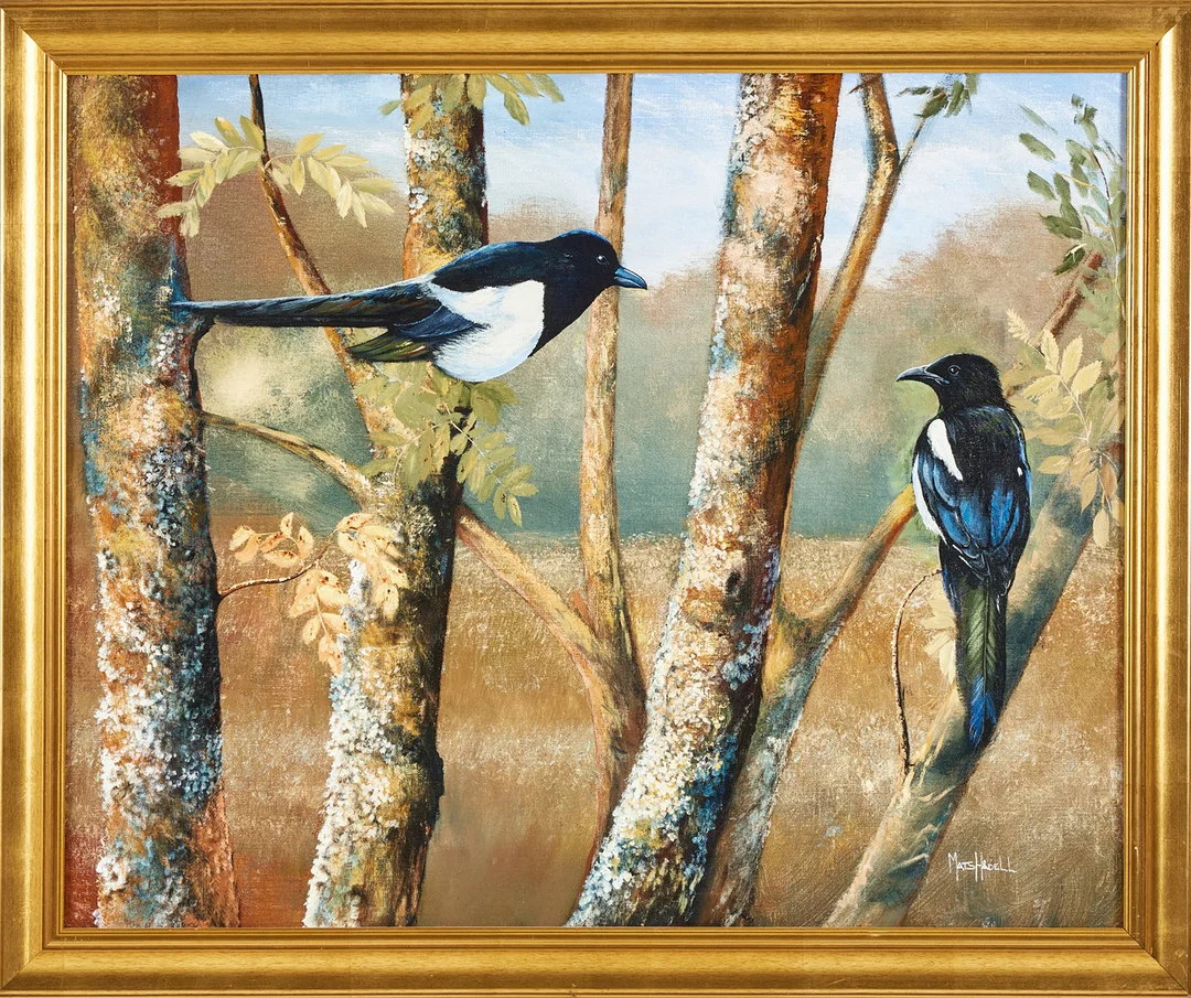 MATS HÅDELL. Skator i rönnbärsträd, olja på duk, signerad. — Paintings — Stockholms Auktionsverk Magasin 5