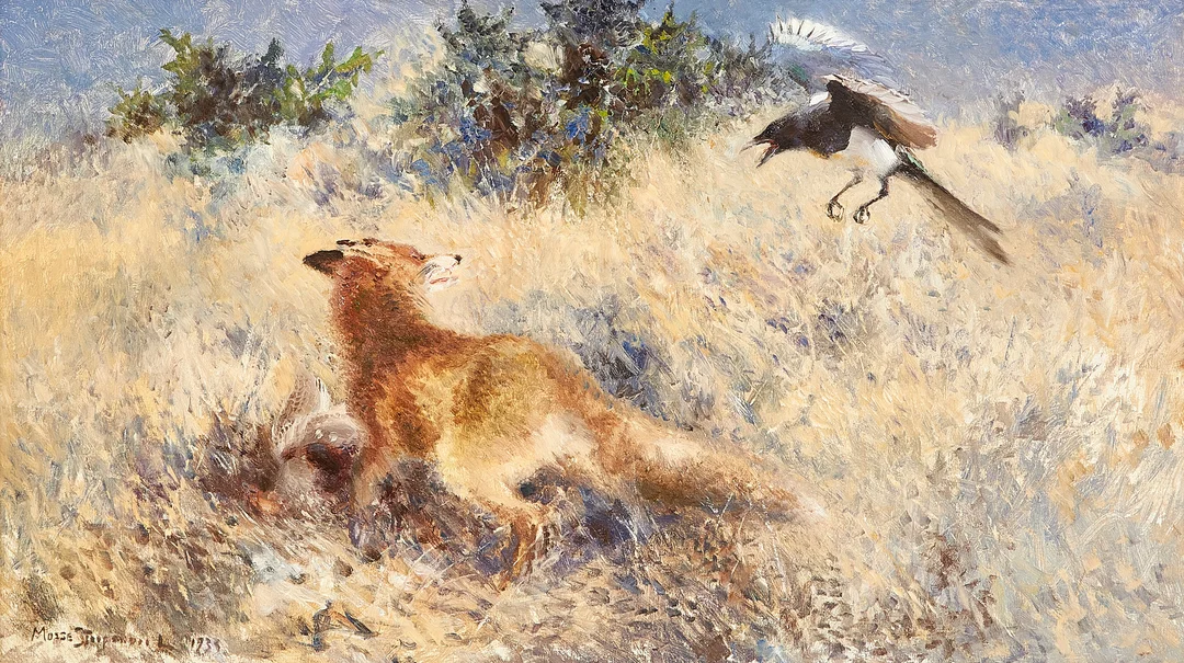 MOSSE STOOPENDAAL. Räv och skata, signerad Mosse Stoopendaal 1933, olja på duk. — Paintings — Stockholms Auktionsverk Magasin 5