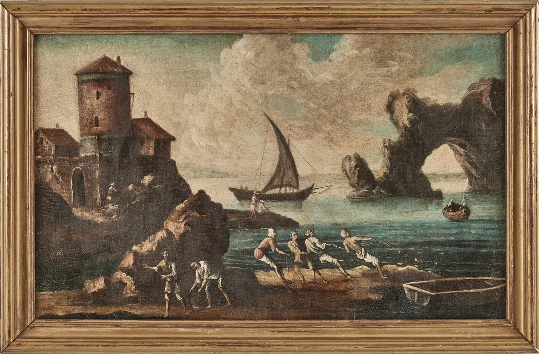 ITALIENSK SKOLA, 1700-TAL. Efterföljare till Salvator Rosa. Kustmotiv med fiskare som drar upp nät. — Paintings — Stockholms Auktionsverk Magasin 5